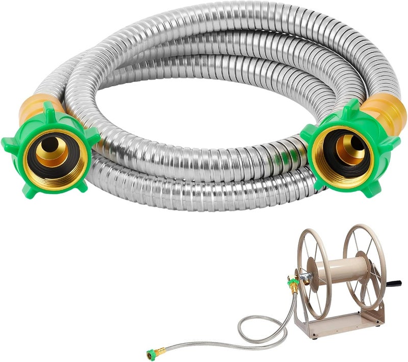 Beeplove Short Garden Hose with Female to Female Connector, 5ft Metal Leakproof Leader Hose for Hose Reel, Heavy Duty 304 Stainless Steel Flexible Hose for Outdoor Garden Watering Car Pet Cleaning - Image 1